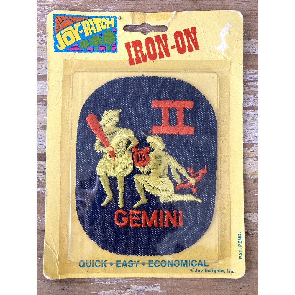 Vintage NOS Joy Patch iron on denim embroidered Gemini patch NIP 1970's